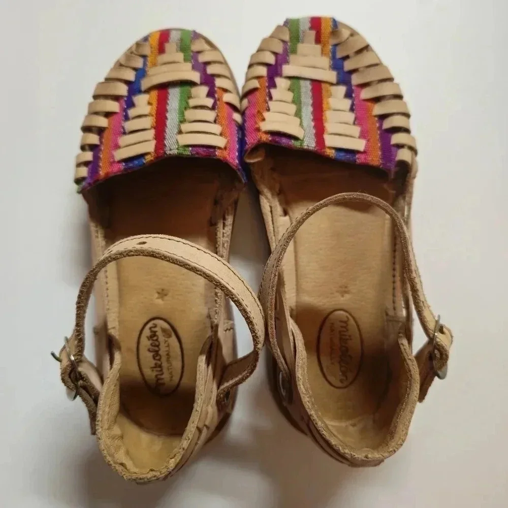 Kids Neutral Leather Huarache Sandals with Multicolor Stripes